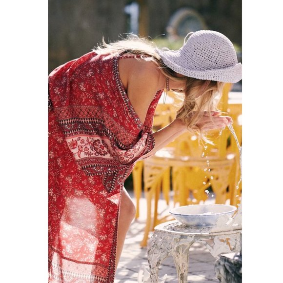 Boho Red Floral Print Kimono Sleeve Belted Cover Up - Picture 8 of 8